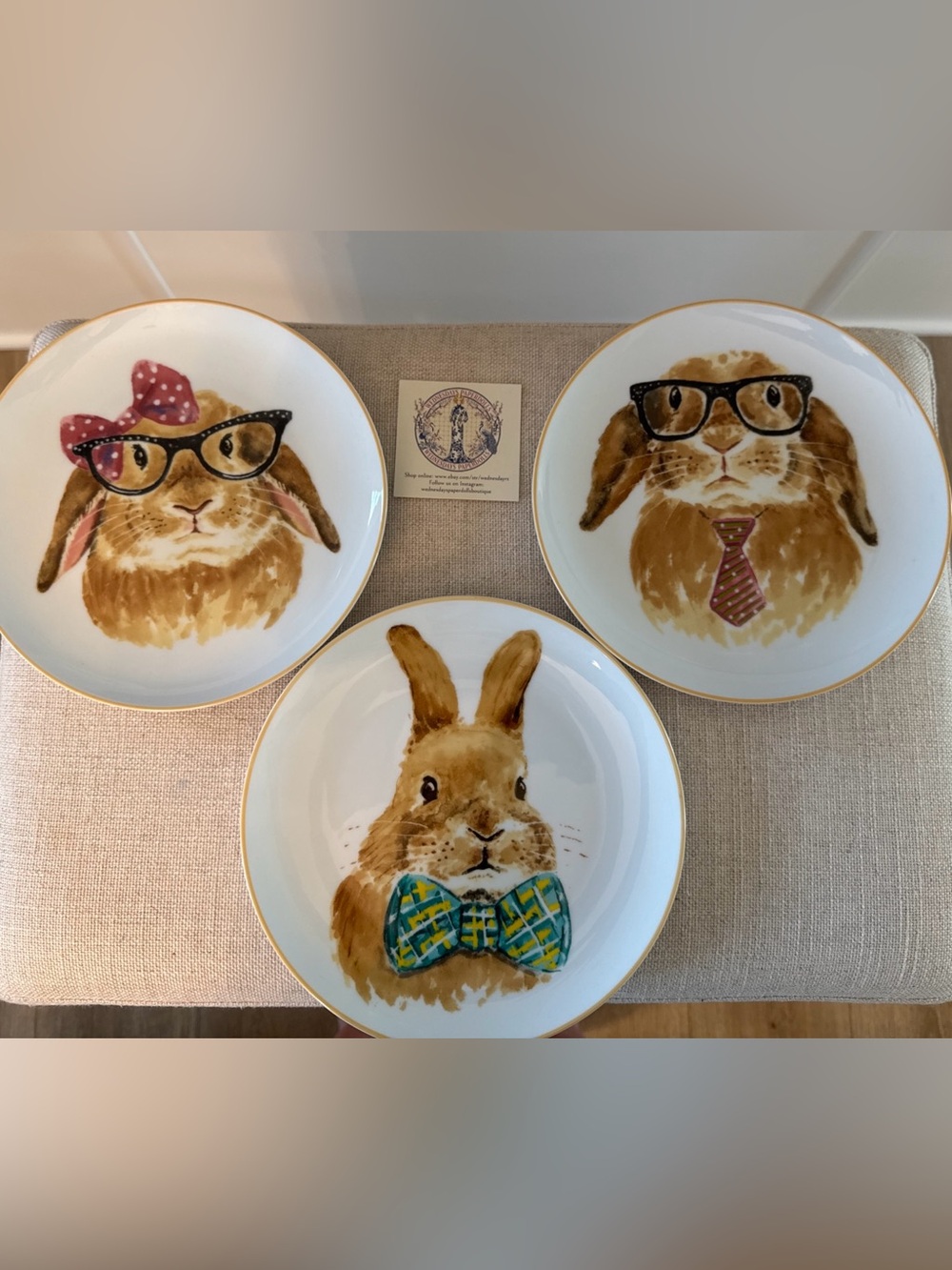 3 Pier 1 Dressed Up Bunnies Salad Appetizer Plates Polka Dots & Plaid Bows 8"